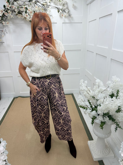 Florrie: Printed needlecord barrel leg belted trousers. One size: 10-18. 3 colours