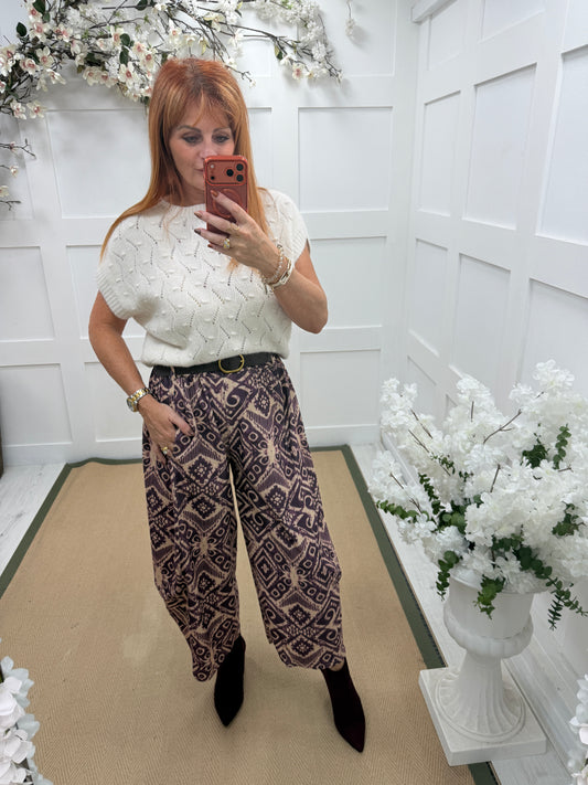 Florrie: Printed needlecord barrel leg belted trousers. One size: 10-18. 3 colours