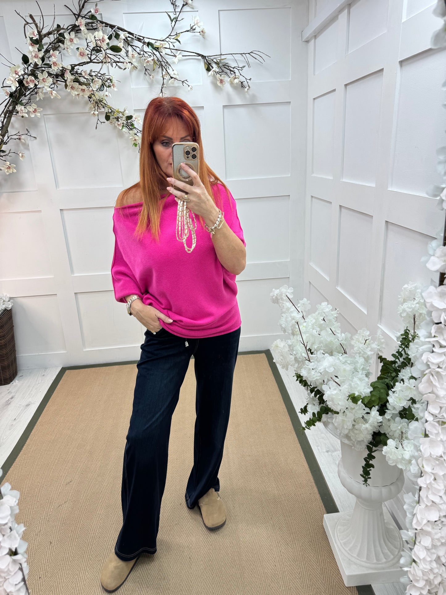Samantha: Hot pink asymmetrical slouch top. One size 10-18