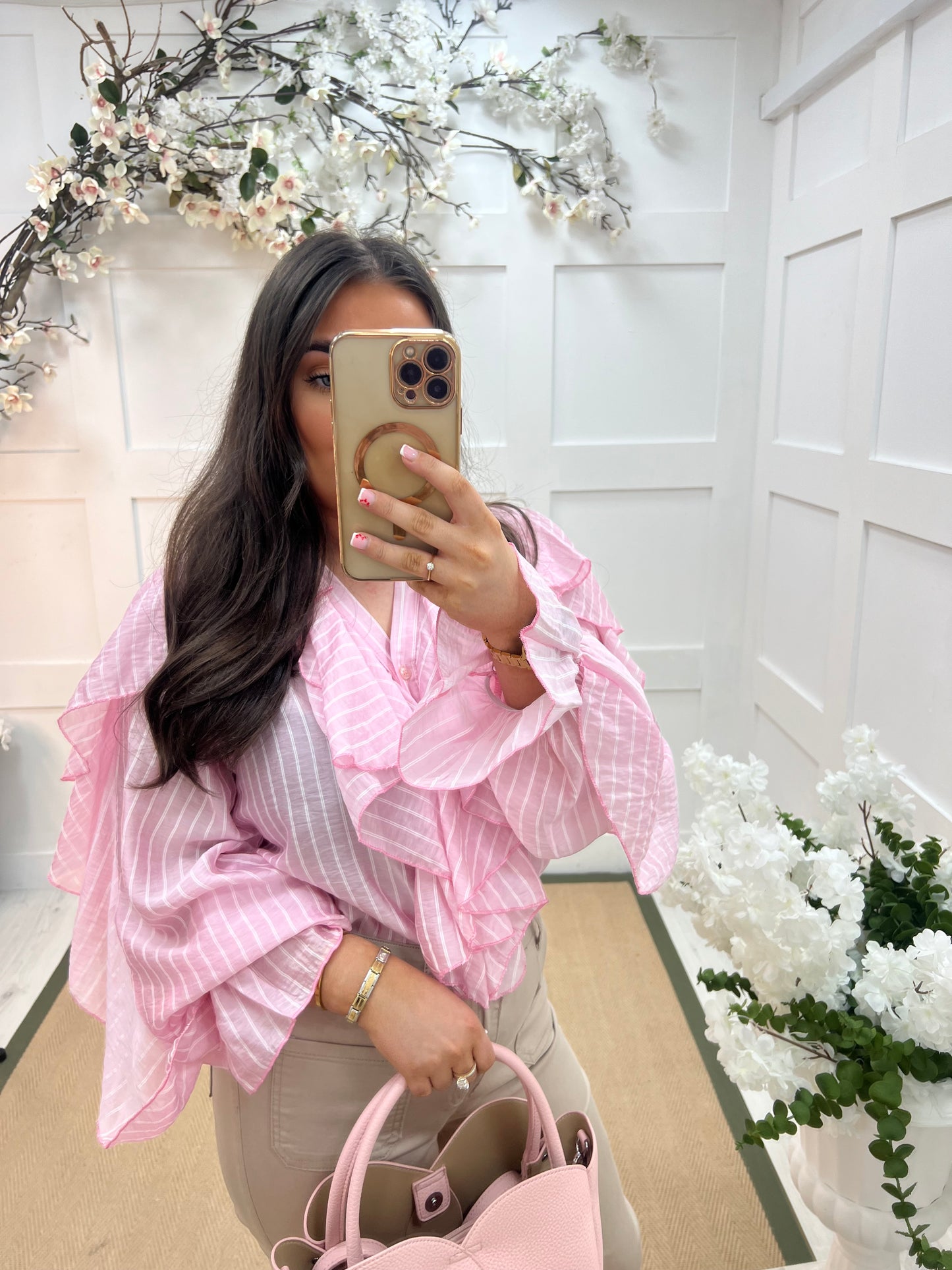 Raye: Pink striped ruffle blouse. One size 10-14