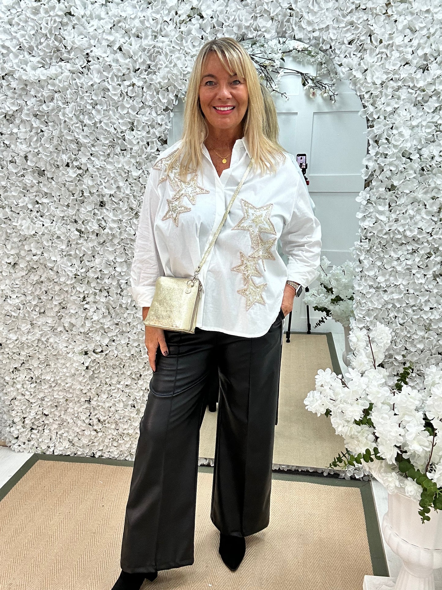 Stella: White sequin star shirt. One size: 16-20