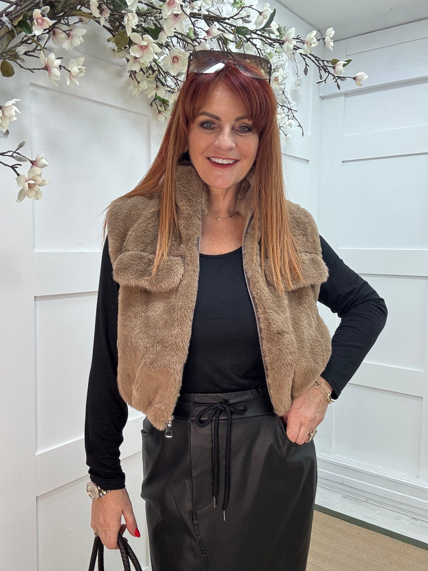 Effie: Camel teddy bear faux fur gilet. One size 8-14