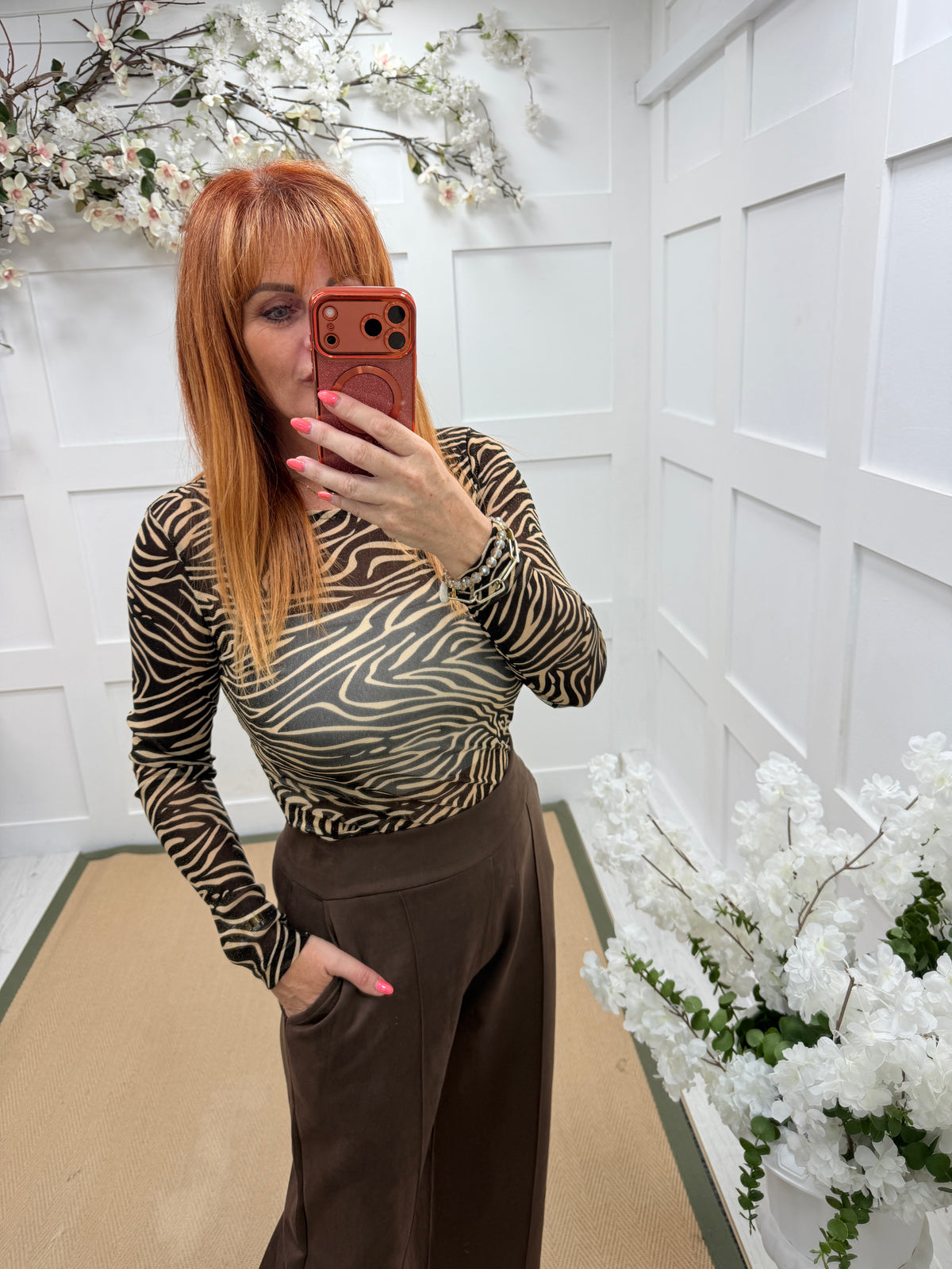 Zoey: Black & sand lurex zebra print mesh bodysuit. 2 sizes