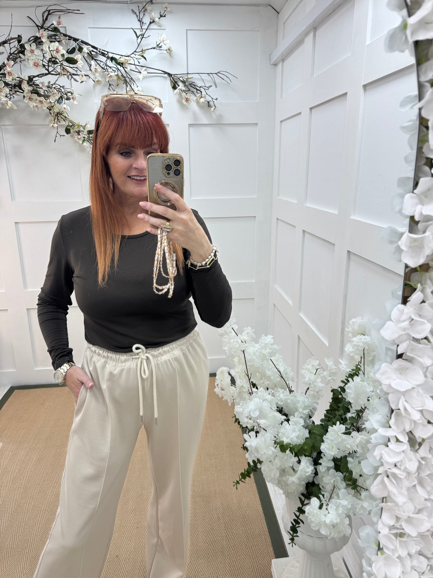 Bessie: Brown basic long sleeve top. One size: 10-16/18