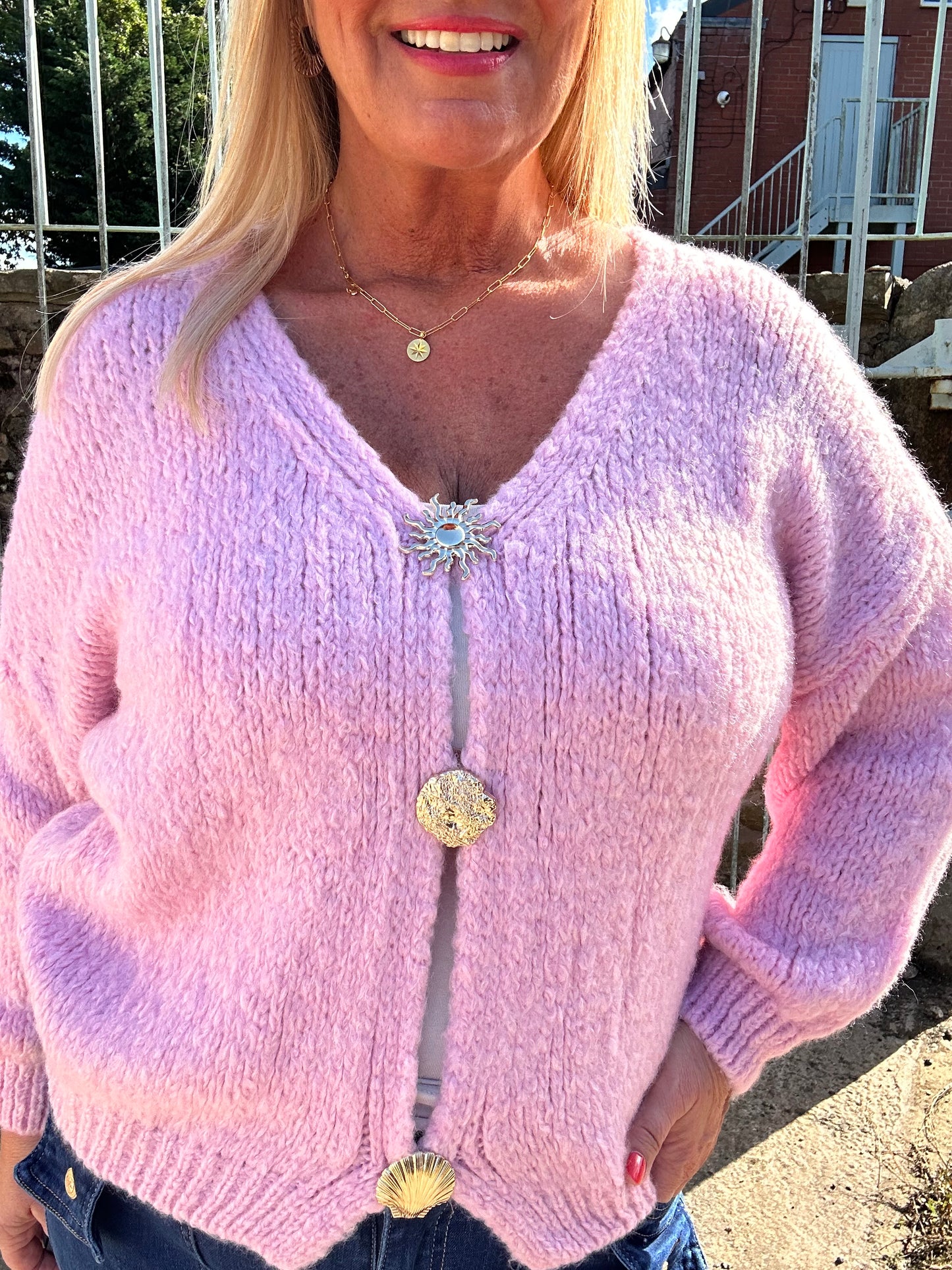 Emily: Pink V neck gold button cardigan. One size: 14-20
