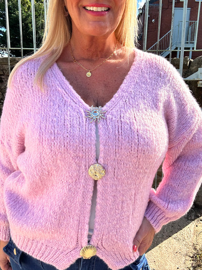 Emily: Pink V neck gold button cardigan. One size: 14-20