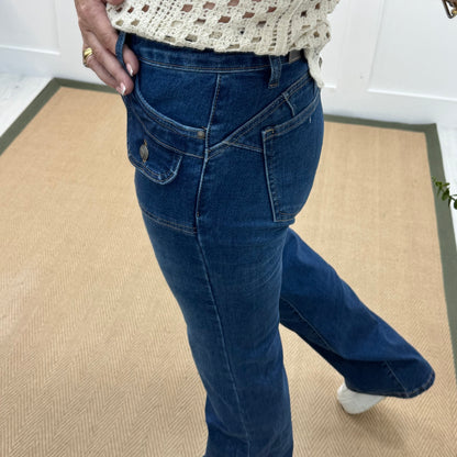 Rey: Dark blue pocket bootcut jeans. Sizes: 8-16