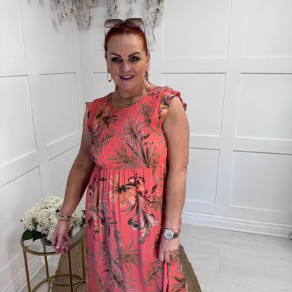 Sophia: Coral tropical print midi dress. One size 8-16/18