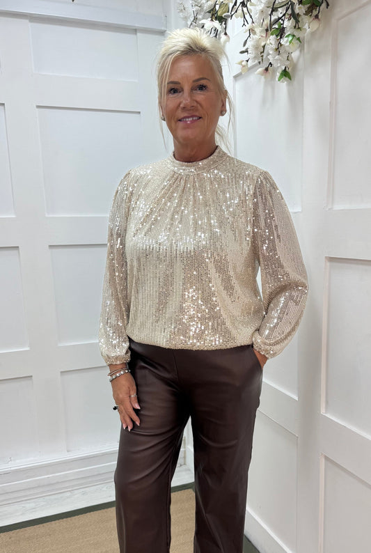 Mia: Champagne/cream high neck sequin top. One size: 10-16