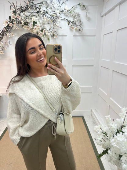 Willow: Cream stretchy short wrap top. One size: 10-18