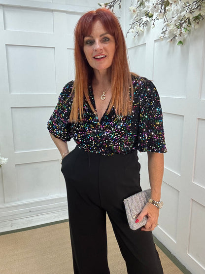 Delphine: Multicoloured velvet sequin wide leg jumpsuit. Sizes 8-12