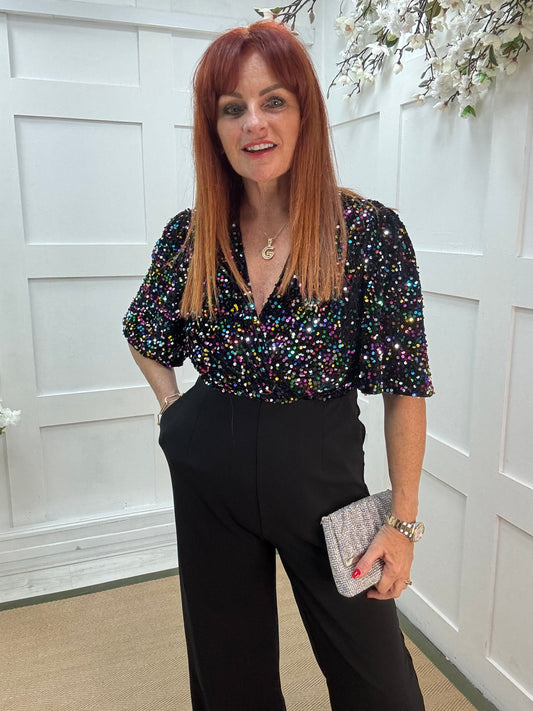 Delphine: Multicoloured velvet sequin wide leg jumpsuit. Sizes 8-12