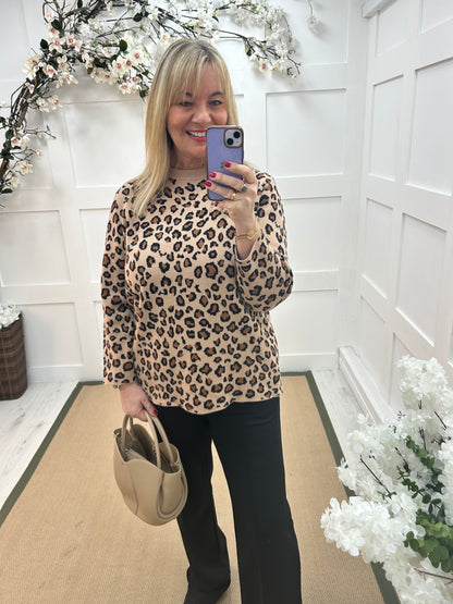 Mimi: Camel leopard print long sleeve knit top. One size: 12-16