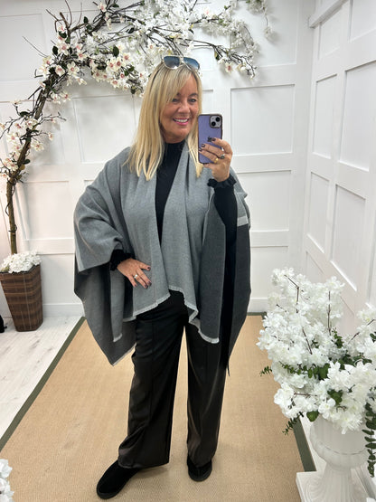 Nellie: Black & grey wool blend cape. Free size