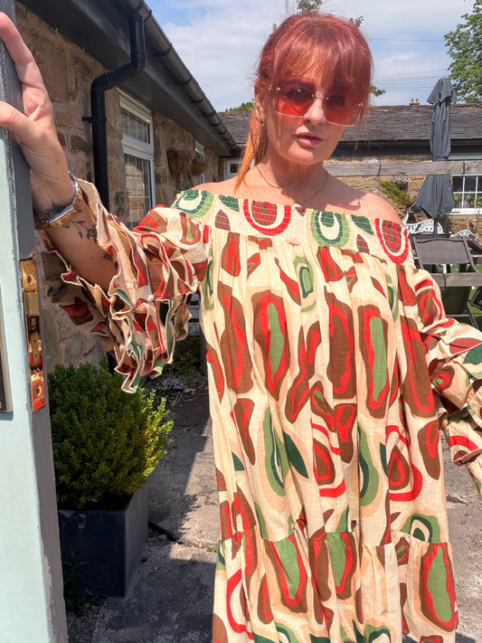 Rosie: Multicoloured 3/4 ruffle sleeve printed midi dress. One size: 12-18