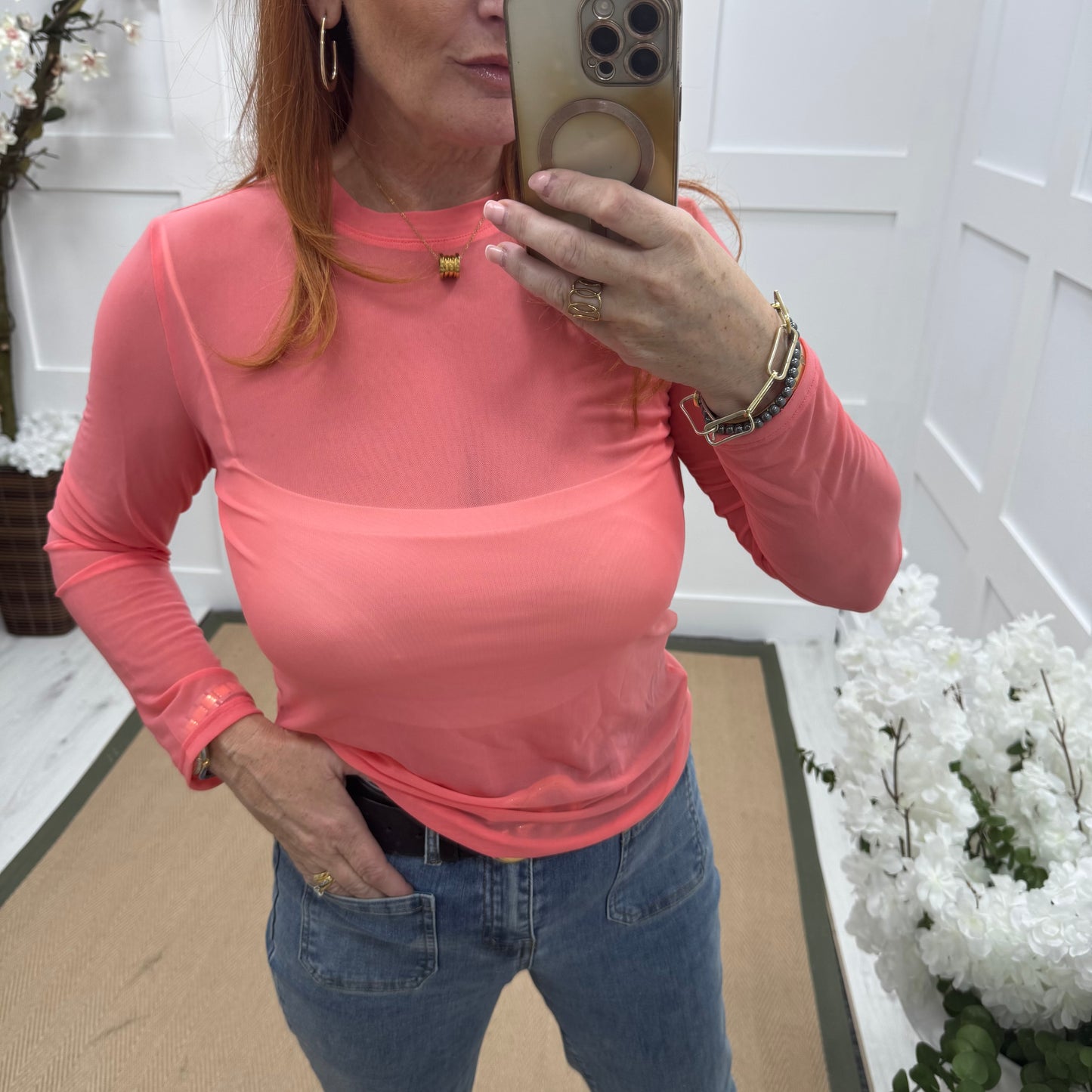 Romy: Coral sheer mesh top. One Sz: 12-18