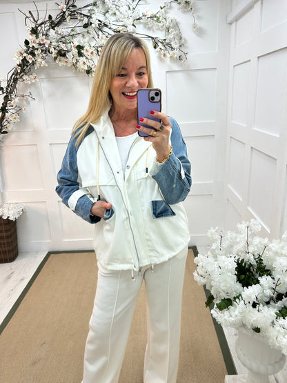 Piper: White contrast denim hooded jacket. 2 sizes.