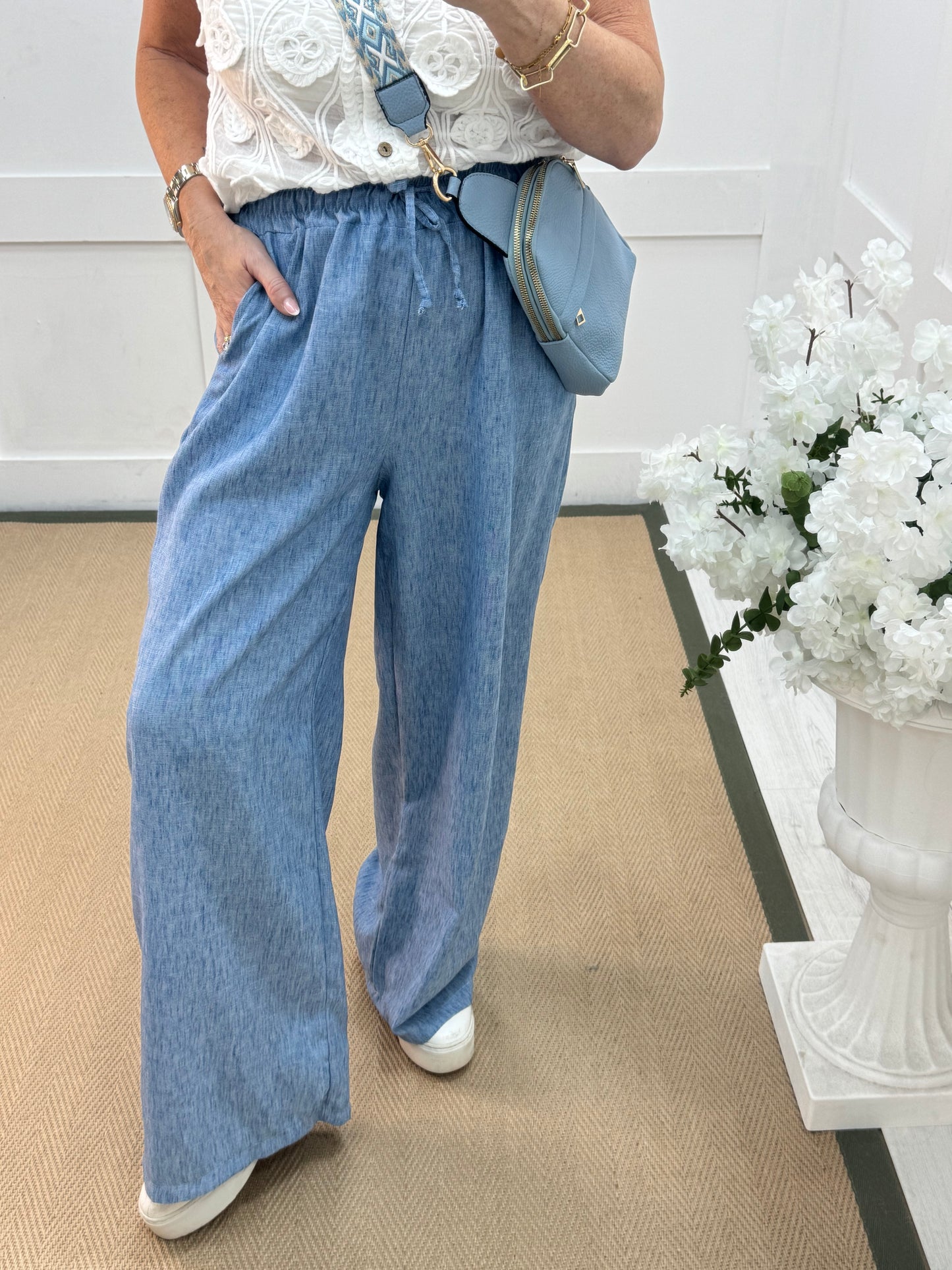 Leanne: Blue wide leg trousers. One size: 10-14