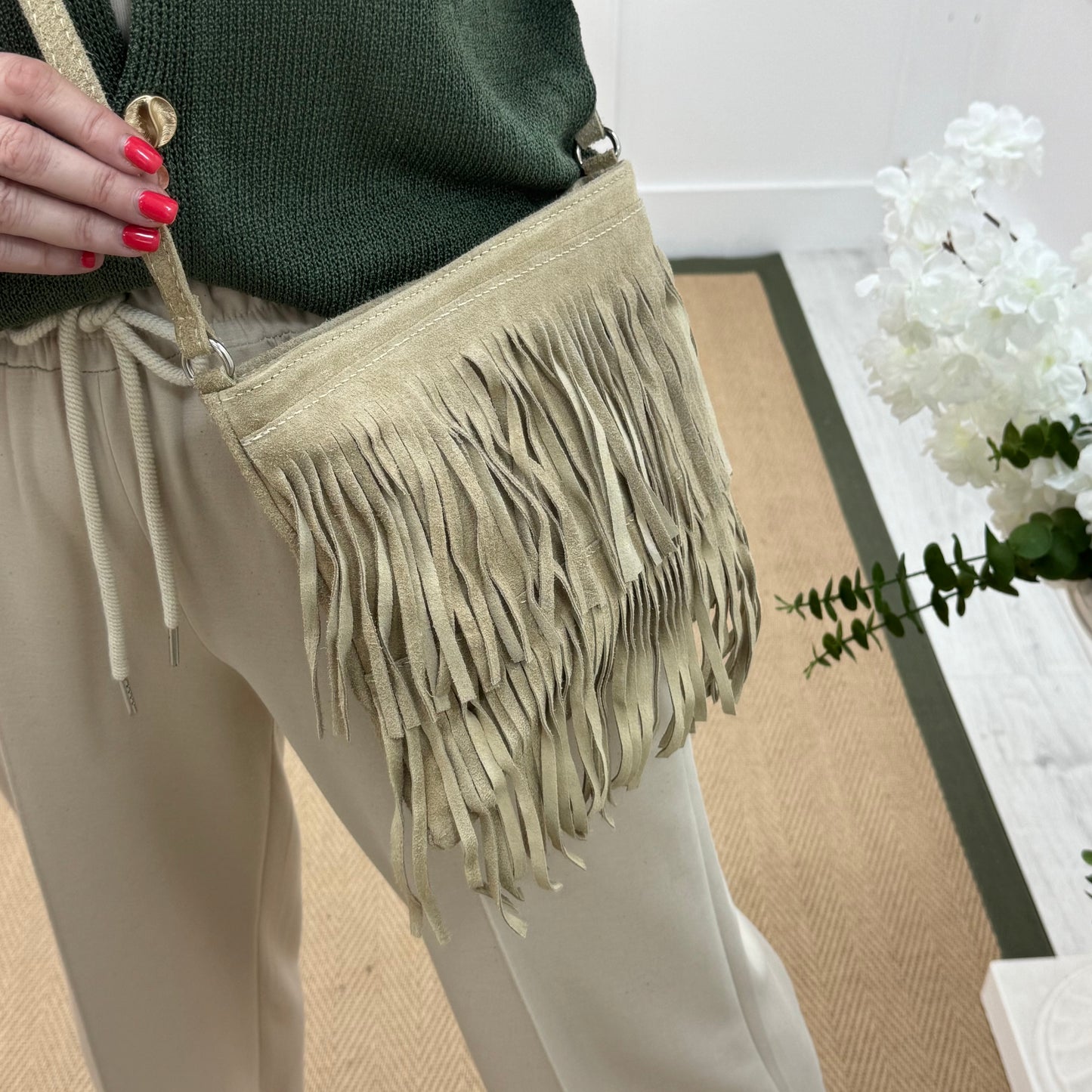 Tanya: Cream real suede tassel cross body bag.