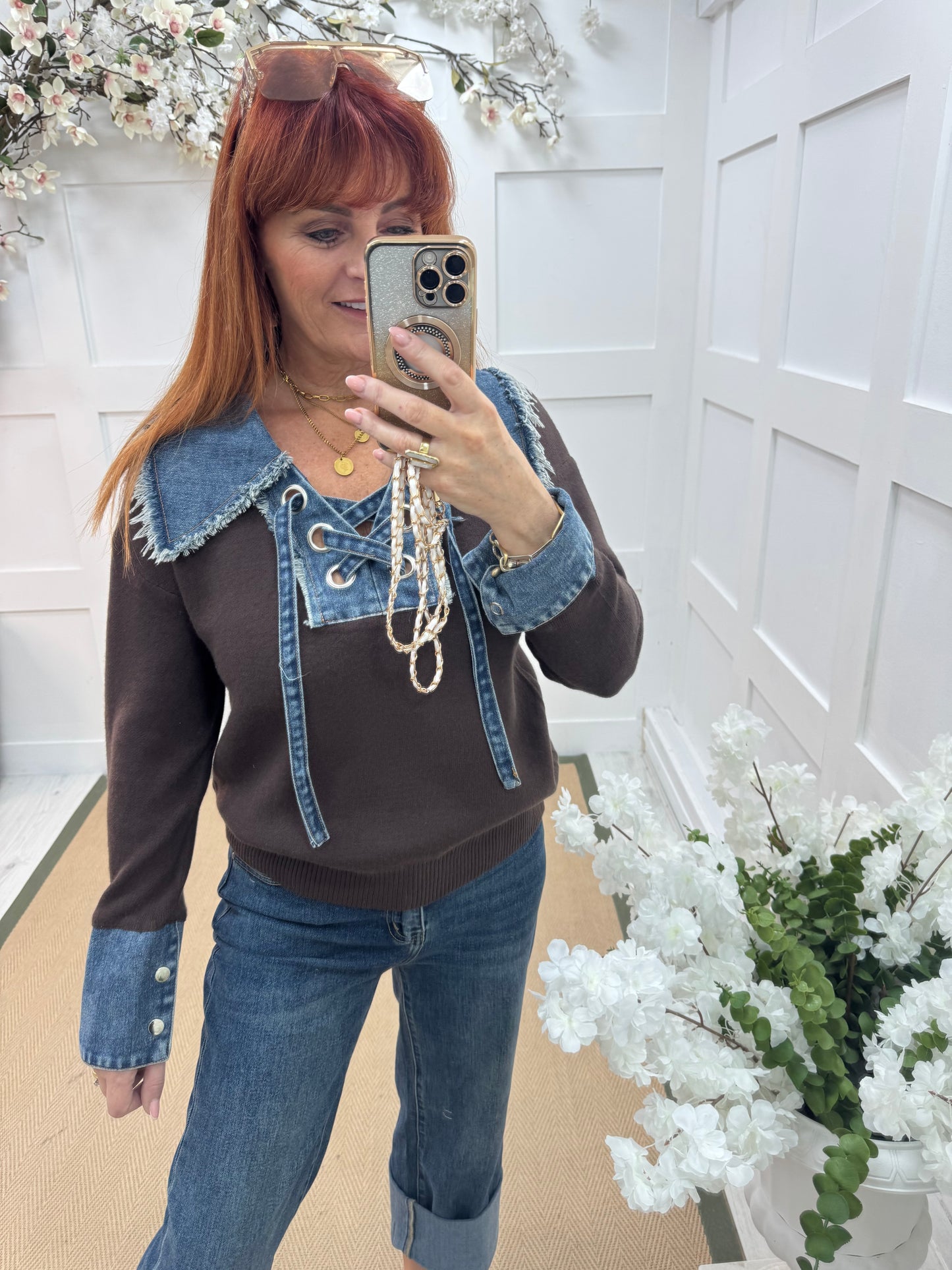 Malin: Brown denim collar long sleeve top. One size: 12-18