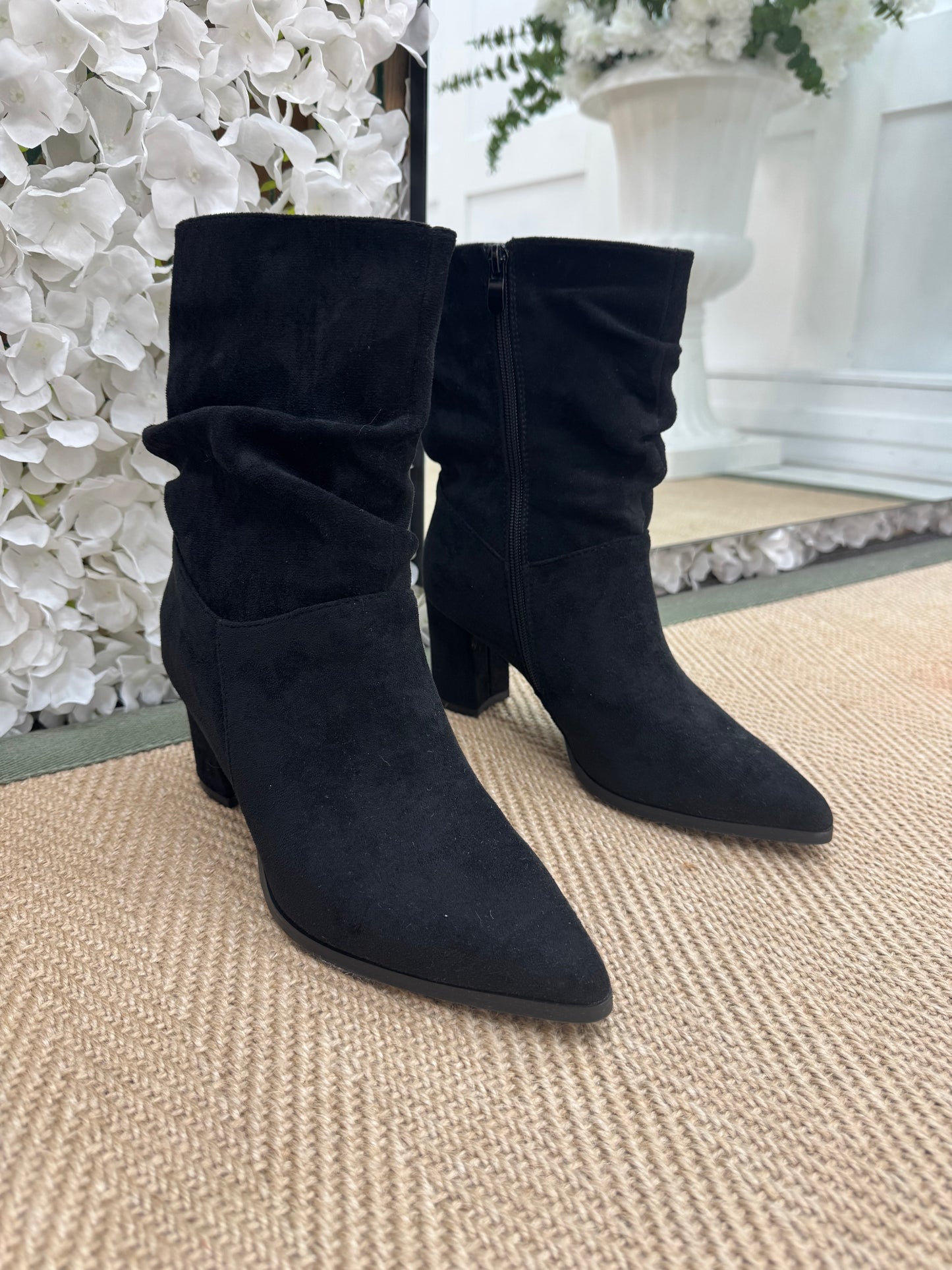 Gwen: Black slouch zip up short boots. Sizes: 3-8
