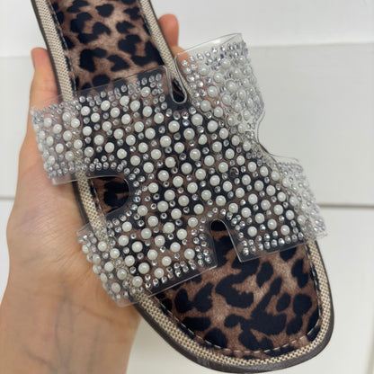 Patsy: Clear & rhinestone H style sliders. Sizes: 3-8