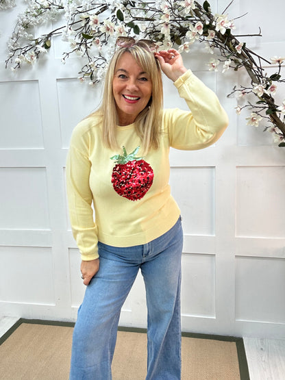 Ruby: Lemon strawberry sequin embroidered knitted top. Two sizes.