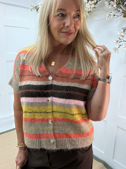 Katie: Multicoloured stripe knit waistcoat. One size: 12-18