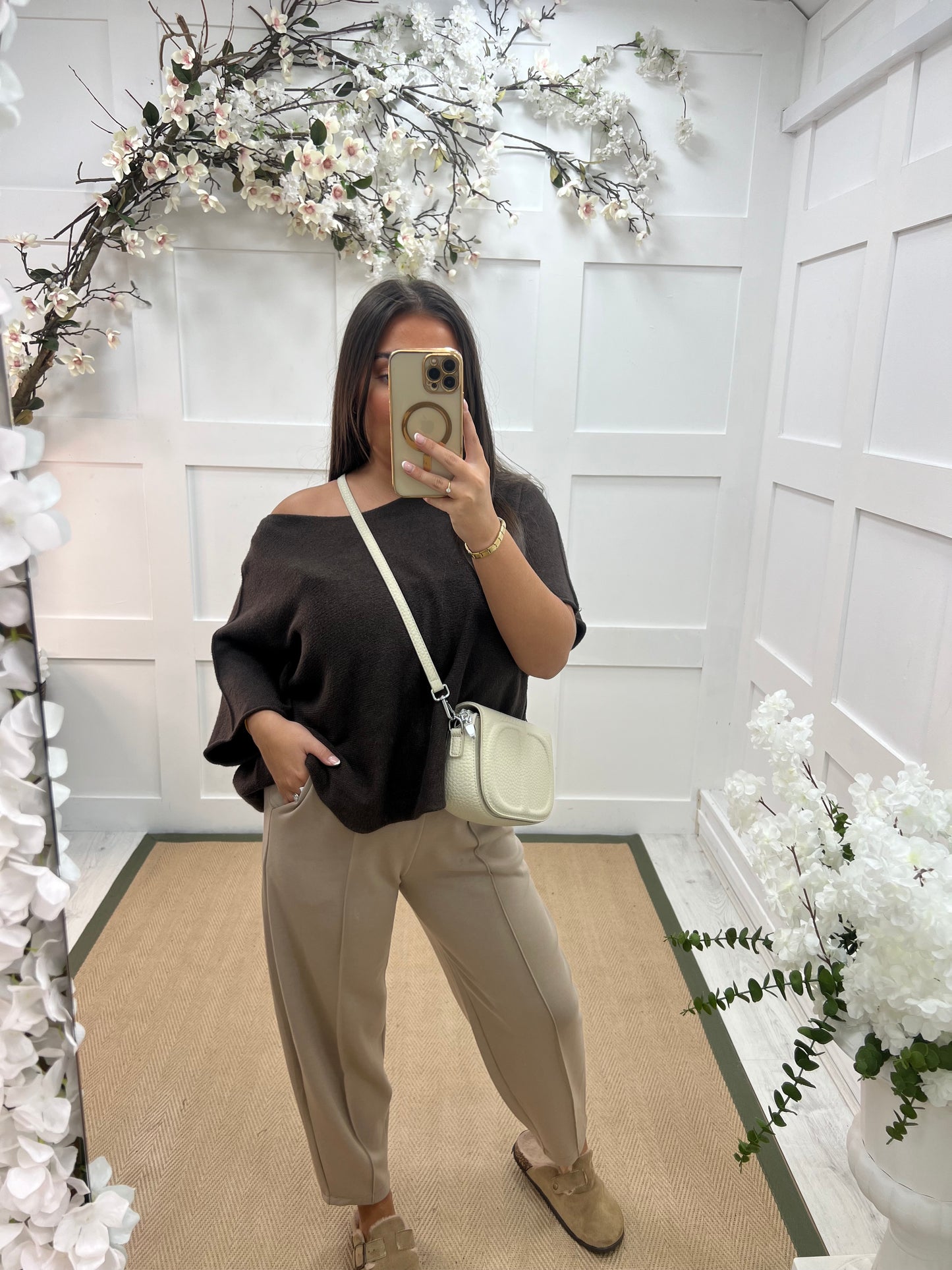 Trinity: Mocha stretchy barrel leg pocket trousers. One size: 10-14