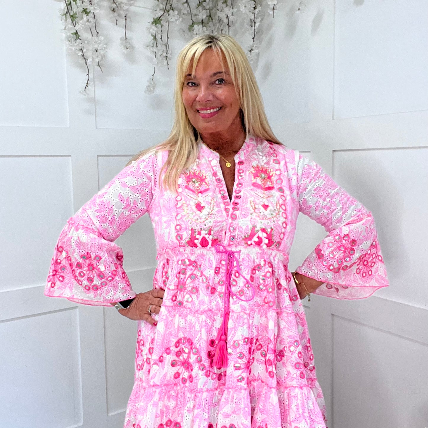 Skylar: Neon pink short embroidered sequin dress. One size: 12-18