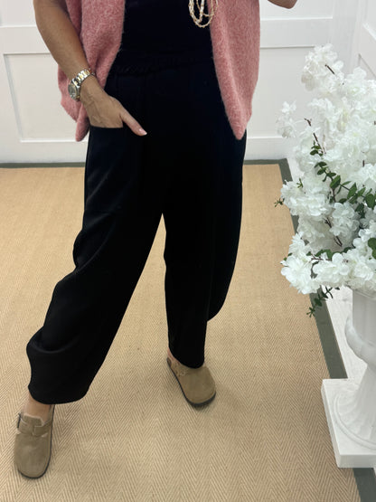 River: Black cocoon harem trousers. One Sz: 14-20
