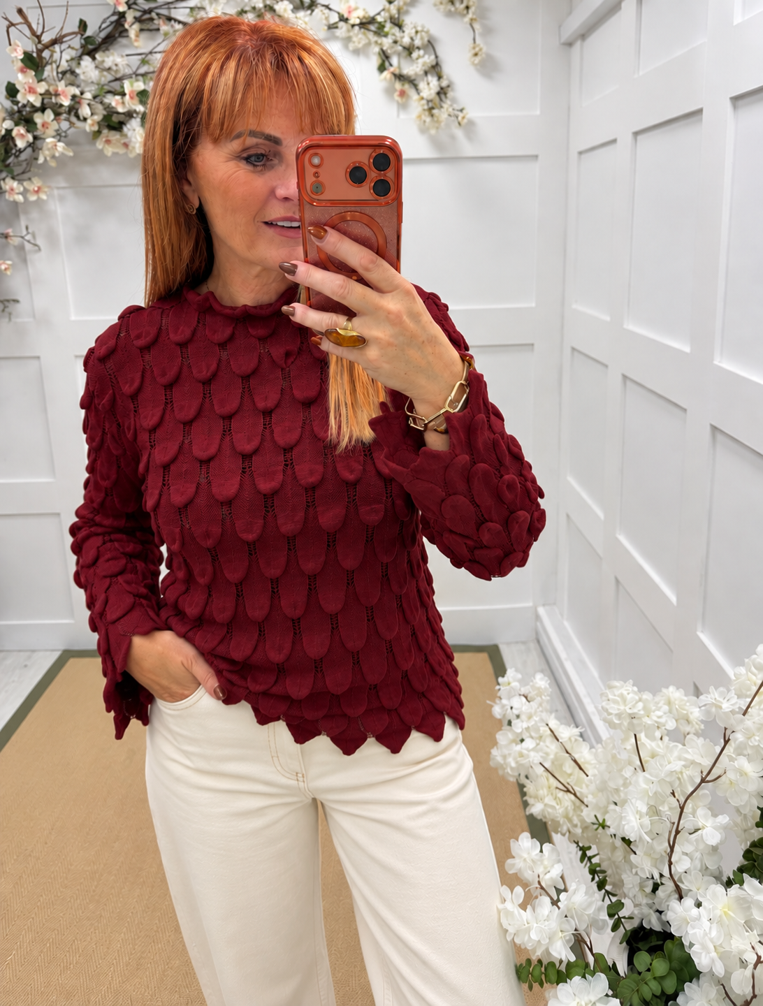 Tessy: Fluted sleeve teardrop top. One size: 12-16. 4 colours