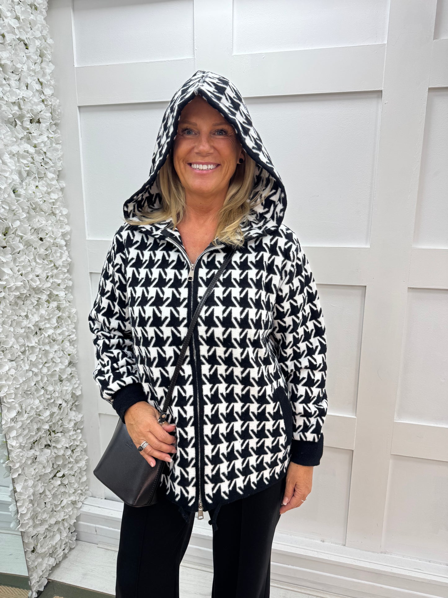 Allegra: Black hooded zip up coatigan. One size: 12-18