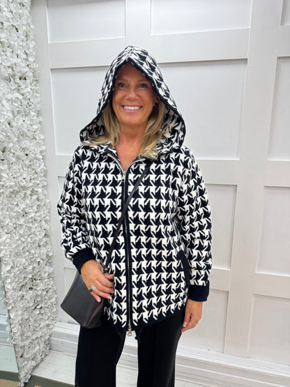 Allegra: Black hooded zip up coatigan. One size: 12-18