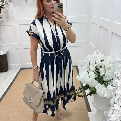 Odessa: Navy blue diamond print shirt dress. One size 12-16