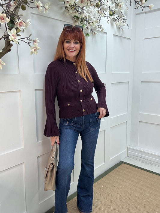 Verity: Burgundy gold button cardigan top. One Sz: 10-16