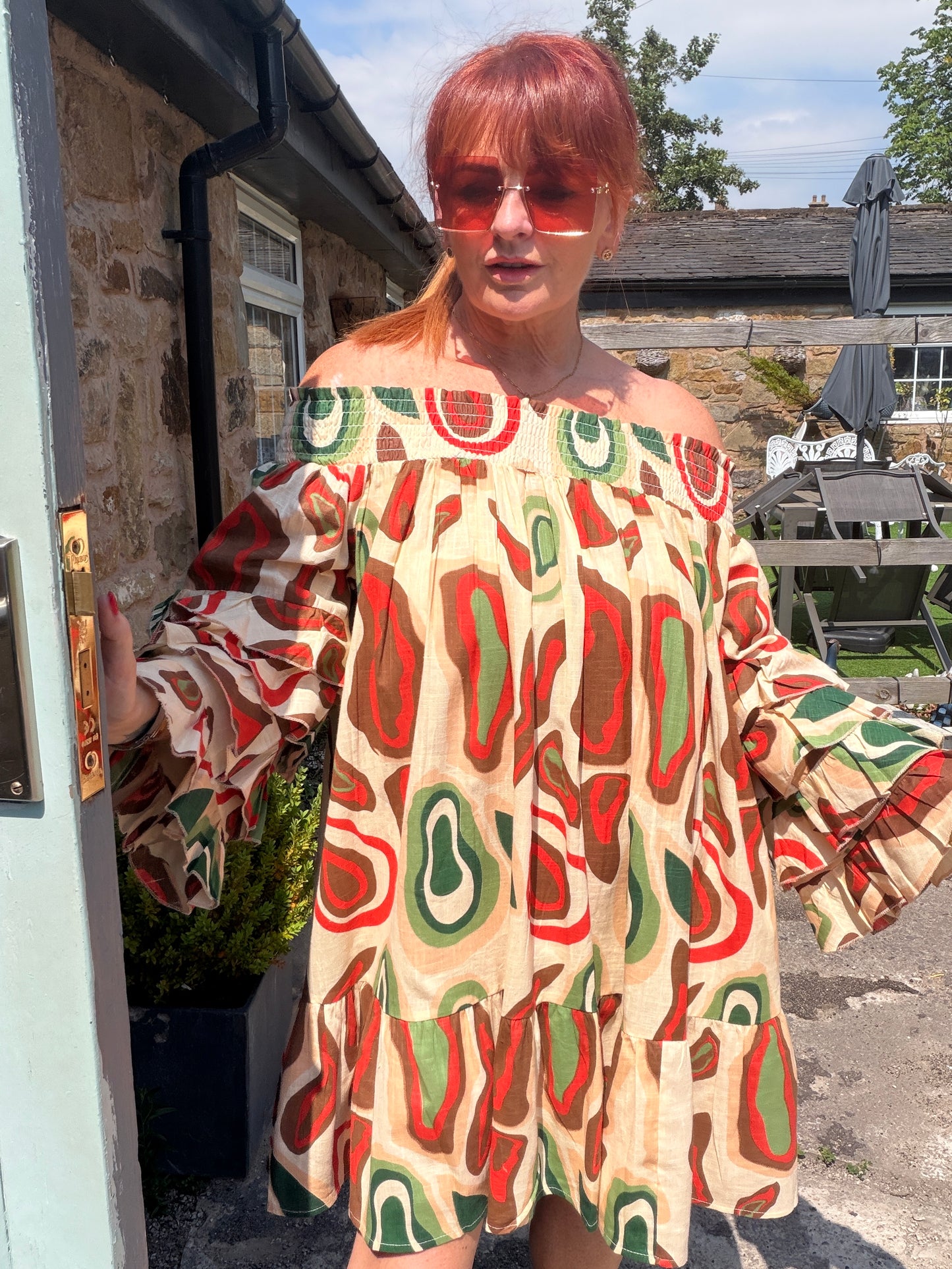 Rosie: Multicoloured 3/4 ruffle sleeve printed midi dress. One size: 12-18