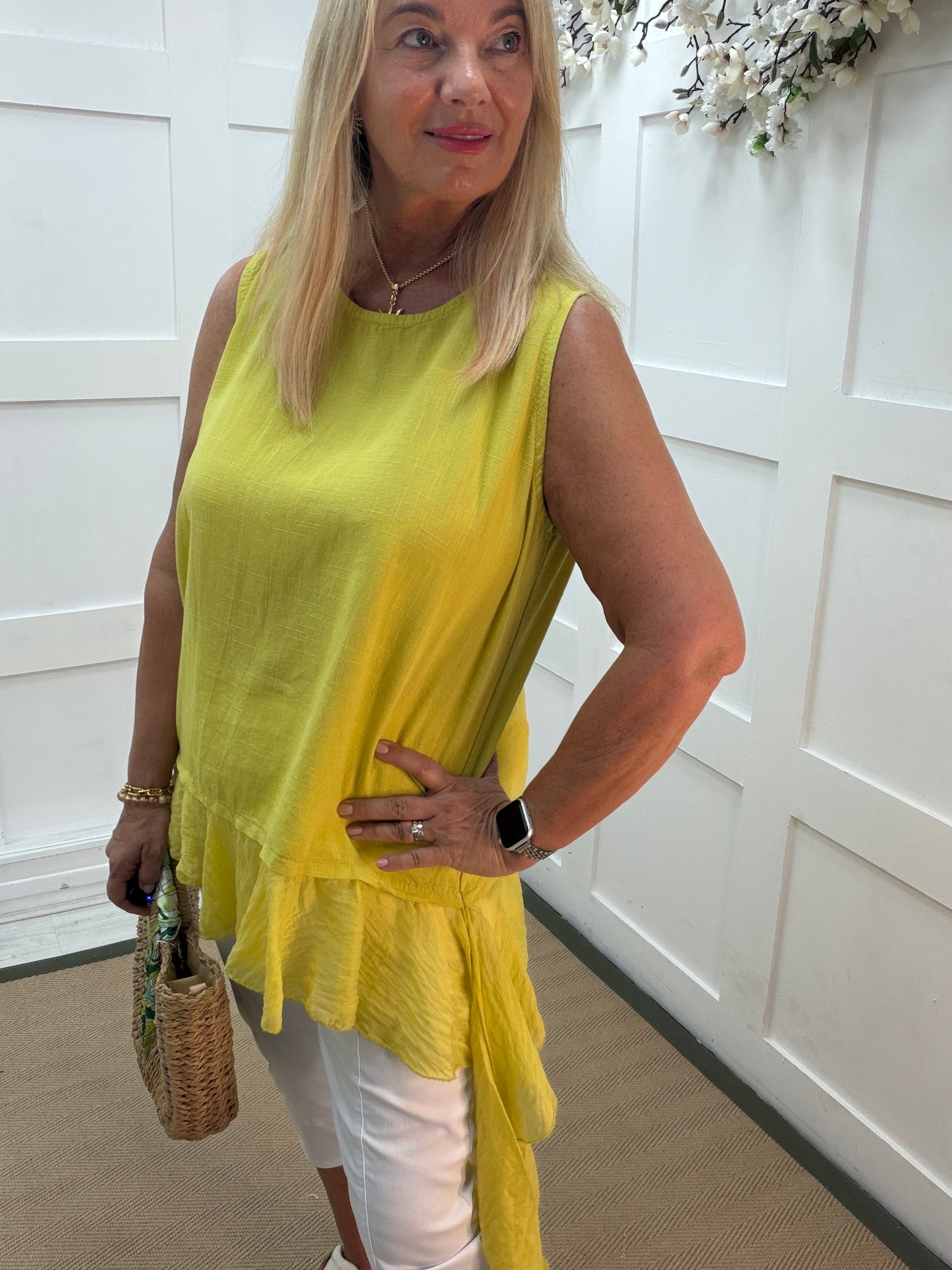 River: Asymmetric draped sleeveless linen top. One size: 12-16. 3 colours