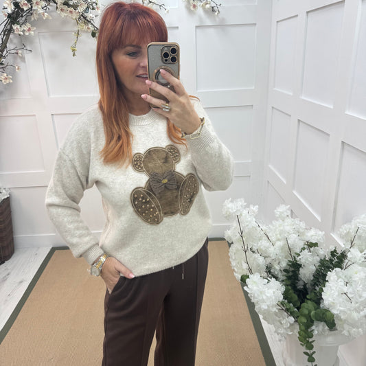 Trinity: Beige big teddy bear knitted top. One size: 12-18