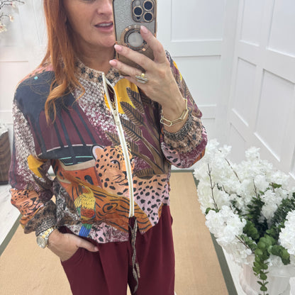 Amelia: Silky burgundy printed bomber jacket. One size: 8-16