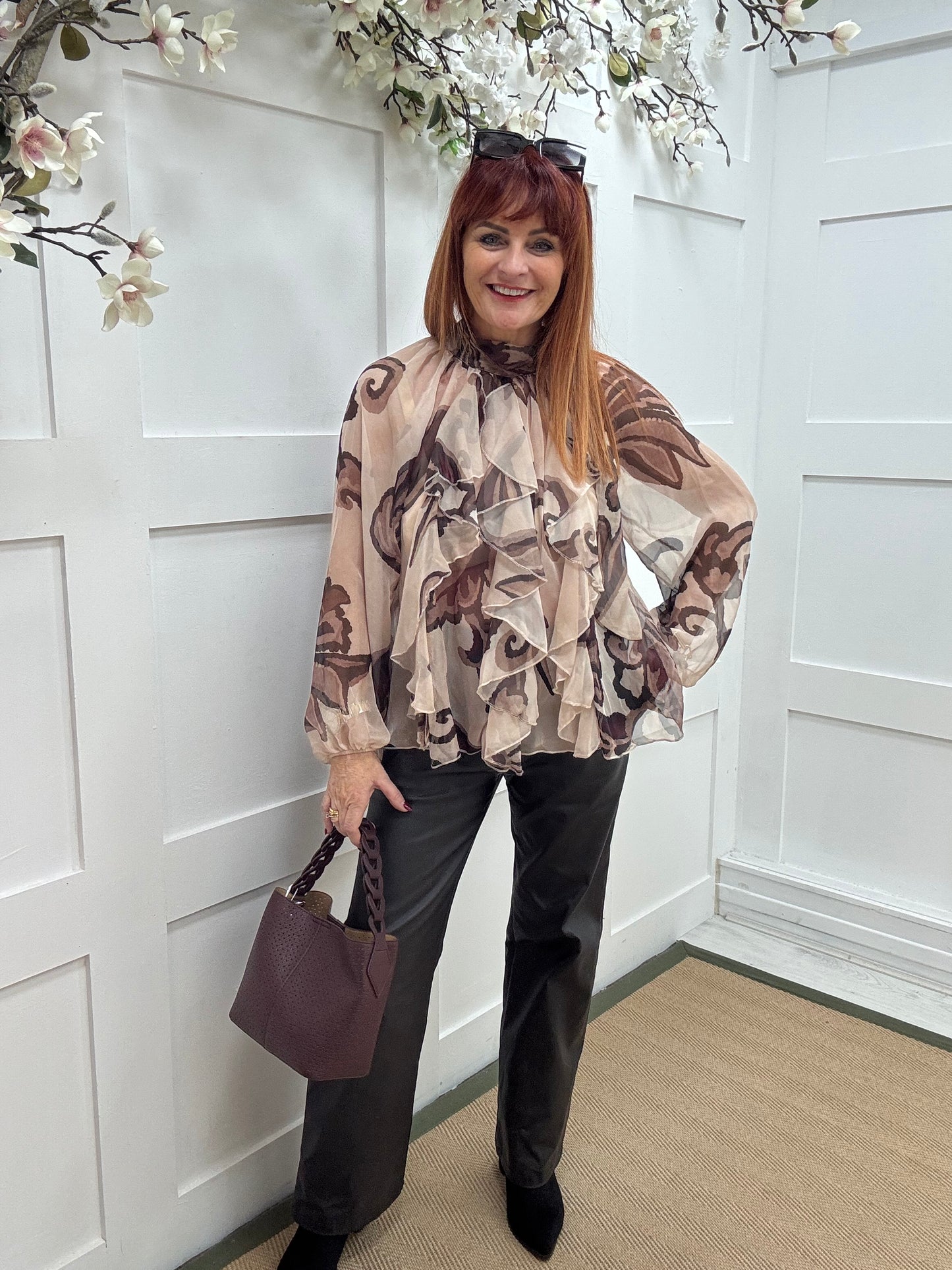 Paloma: Cream & brown abstract sheer ruffle blouse. One size: 10-16