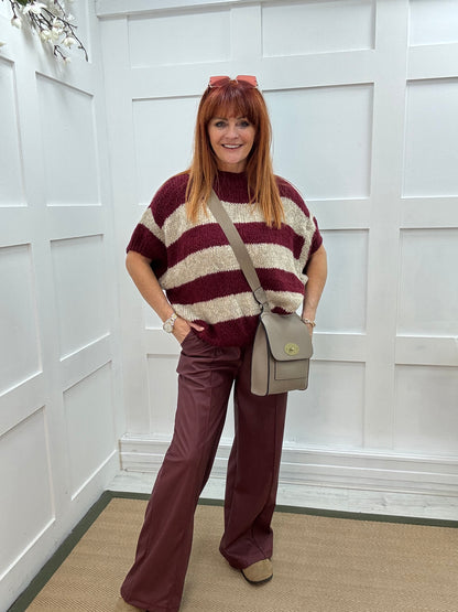 Tabatha: Burgundy faux leather trousers. One size: 12-16