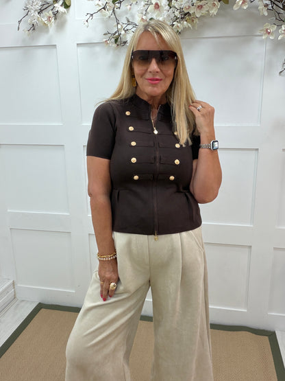 Stevie: Short sleeve military knit top. One size: 8-14. 2 colours