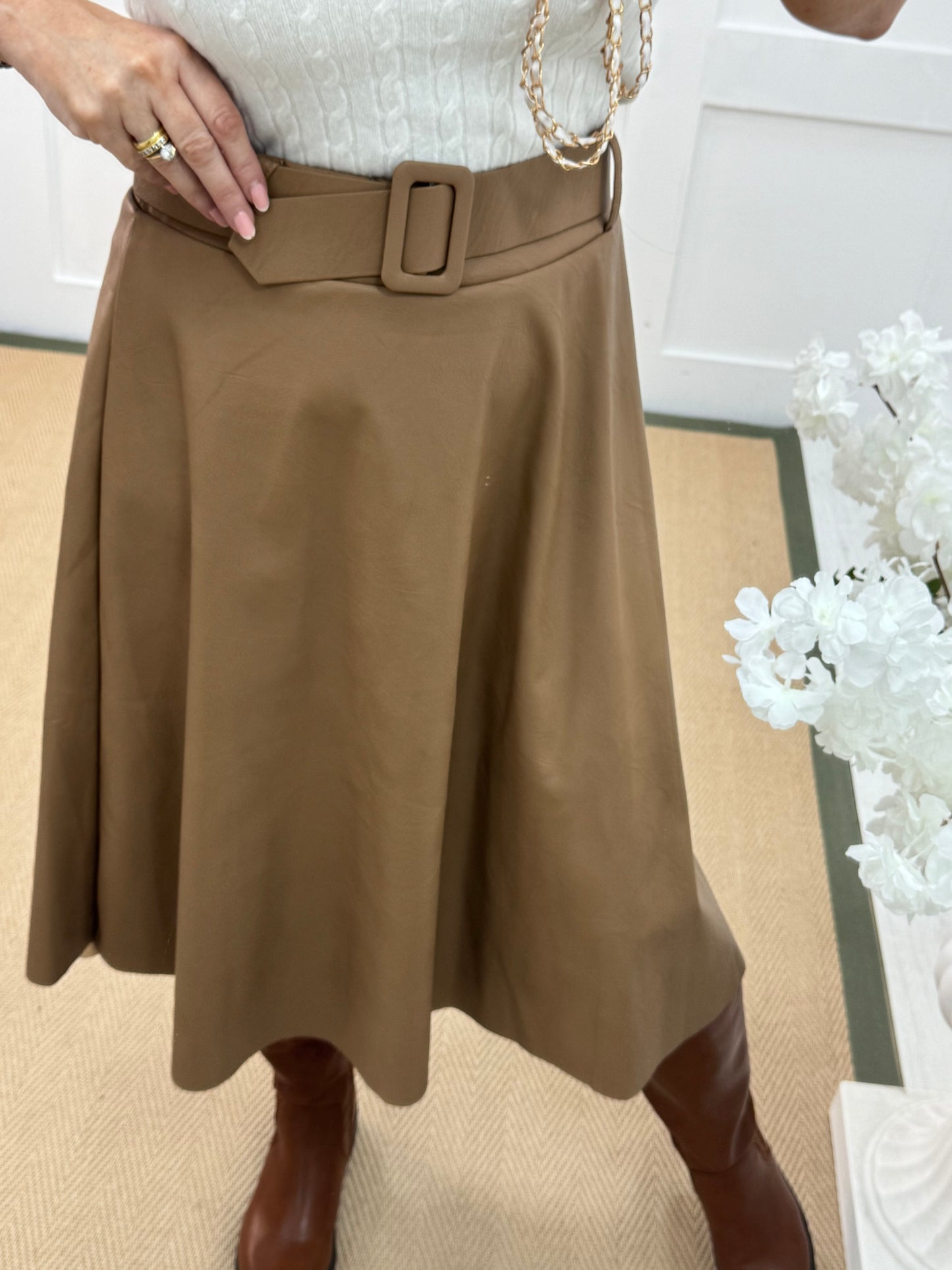 Kendra: Sand faux leather belted skirt. One size: 8-12