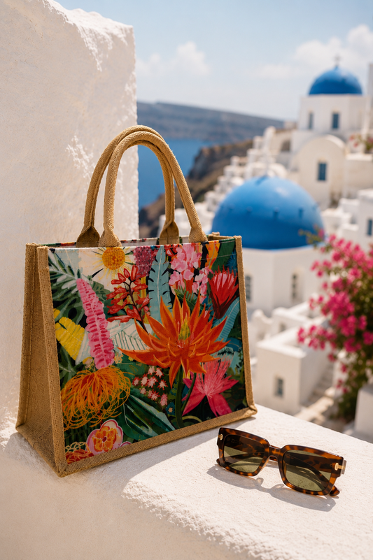 CJ: Multicoloured floral hessian beach bag