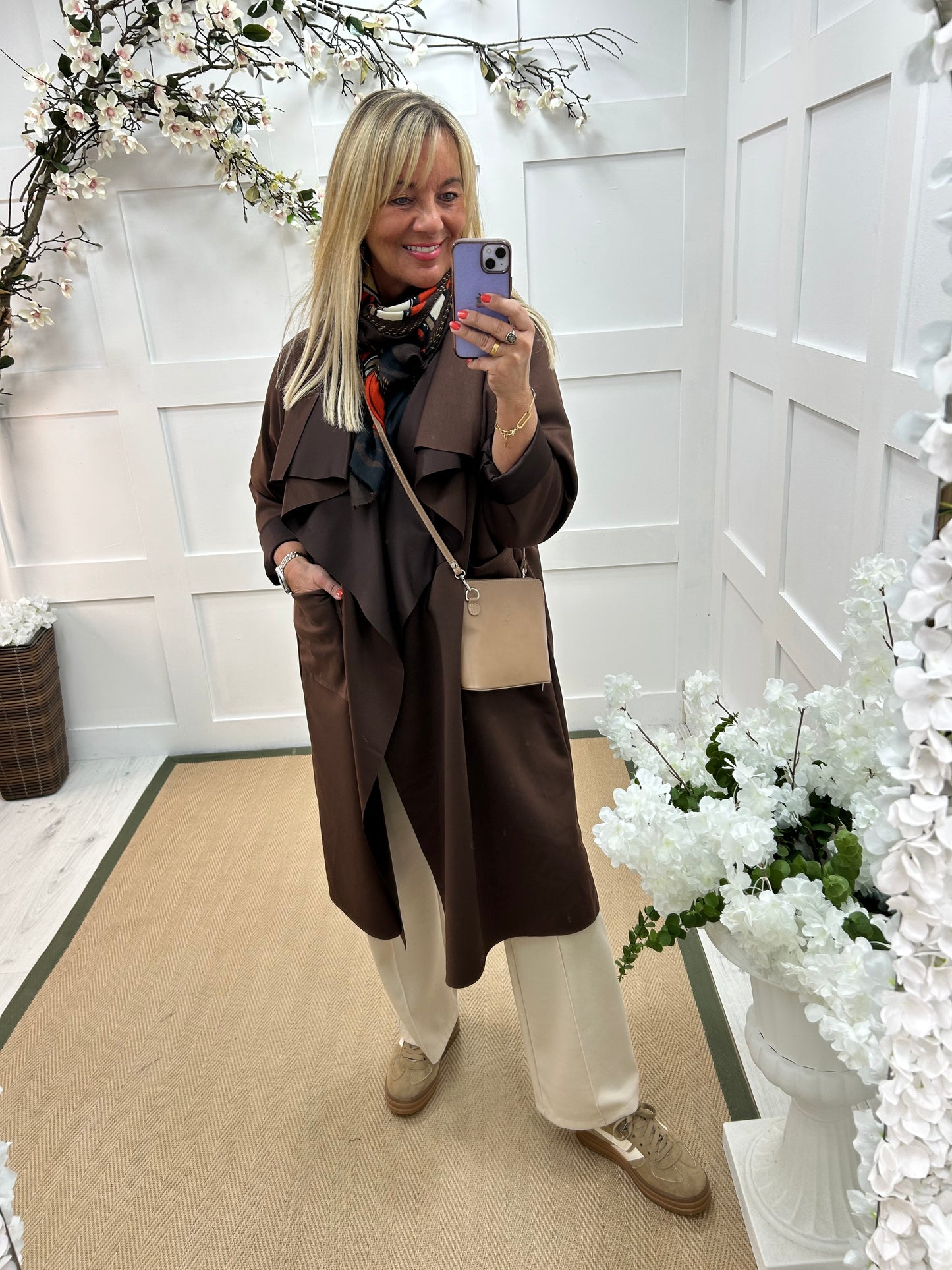 Marlowe: Brown waterfall coat with pockets. One size 14-20