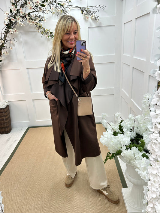 Marlowe: Brown waterfall coat with pockets. One size 14-20