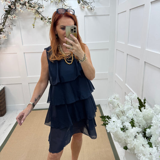 Pixi: Navy layered knee length dress. One size 10-16
