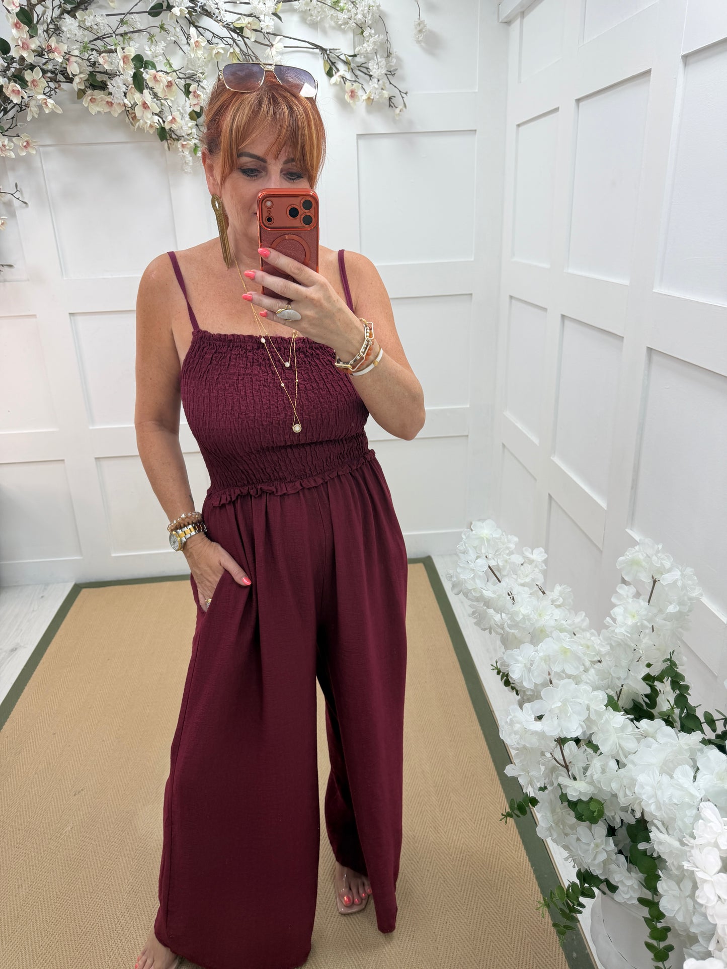 Allegra: Shirred bodice wide leg jumpsuit. 8-16. 5 colours