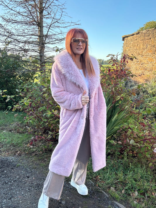 Madeleine: Baby pink long faux fur coat . One size 12-18